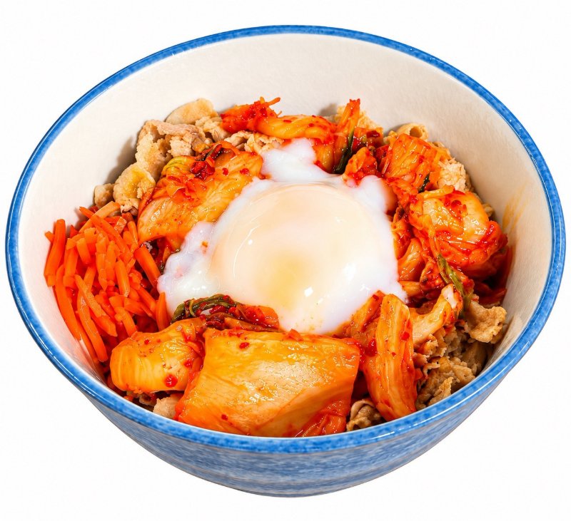 Pork Rice Bowl with Onsen Egg (Half-boiled Egg) & Kimuchi